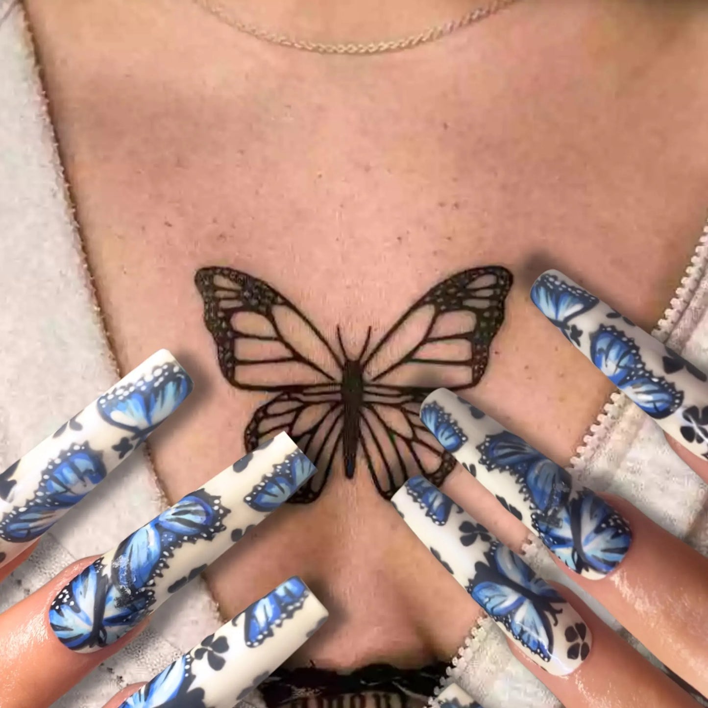 S-XXL Blue Butterfly Trendy Fairycore Whimsical Elegant Soft Glam Unique Indie Aesthetic Ethereal Artsy Handpainted Press On Nails