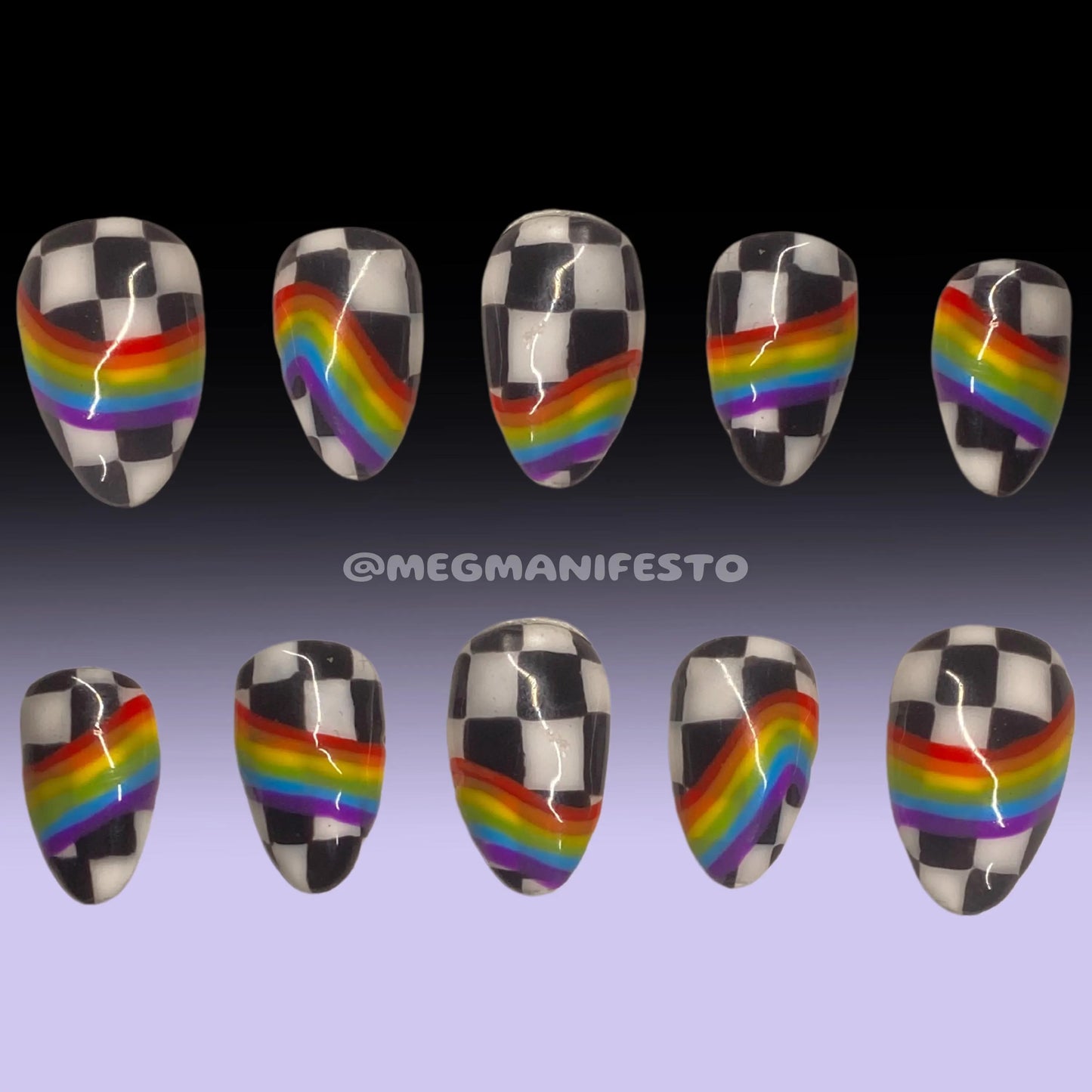 Short Almond Y2K Rainbow Racing Checkered Retro Tumblr Colourful Vaporwave Psychedelic Scene Y2K Emo Skater Girl Handpainted Press On Nails