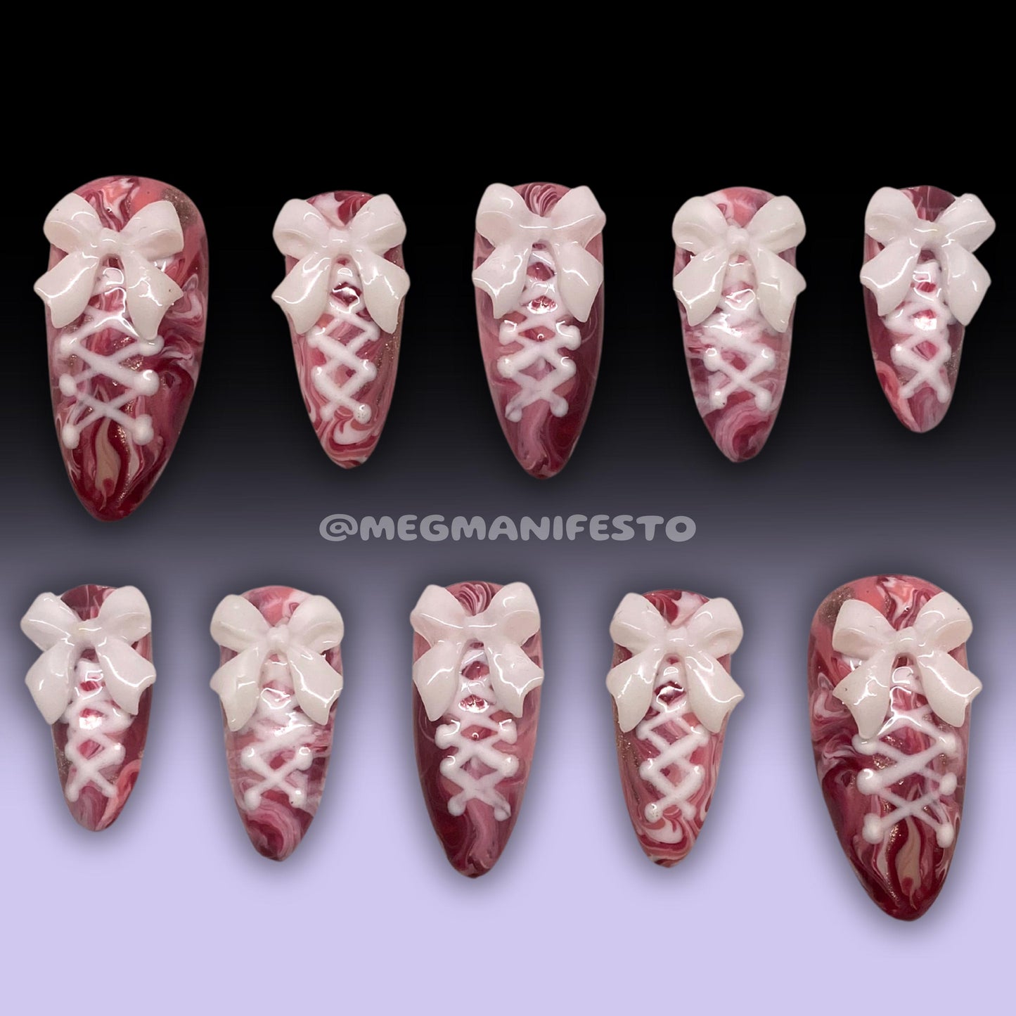 3D Strawberries & Cream Inspired Lace Up Coquette Balletcore Girly Pink Red White Kawaii Luxury Handpainted Press On Nails
