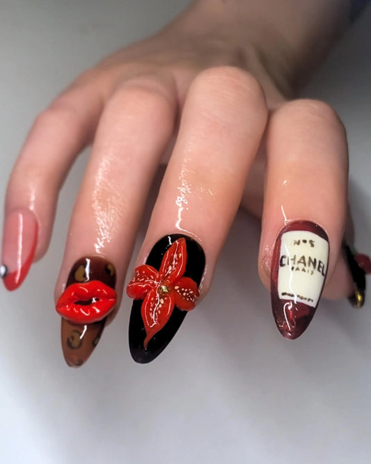 Medium Almond Y2K Red and Black Classy French Tip Chanel Leopard Print 8 Ball Cherry Flower 3D Charms Handpainted Variation Press On Nails