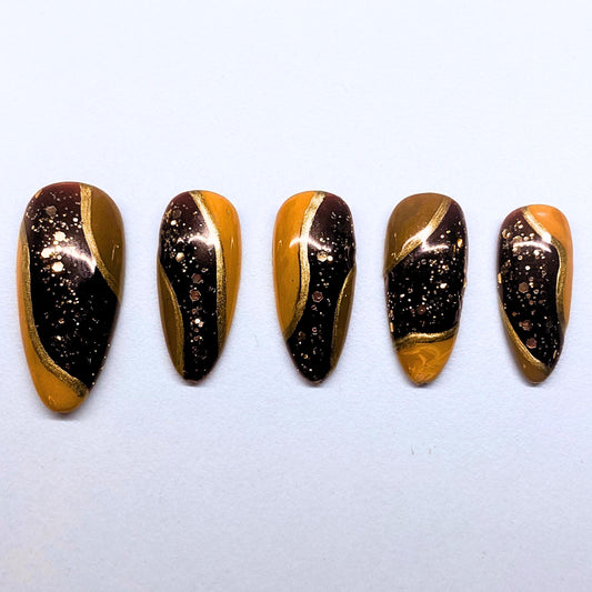 Coffee Bean Inspired Gold Glitter Brown Earthy Natural Chocolate Caramel Fancy Fall Elegant Luxury Handpainted Press On Nails