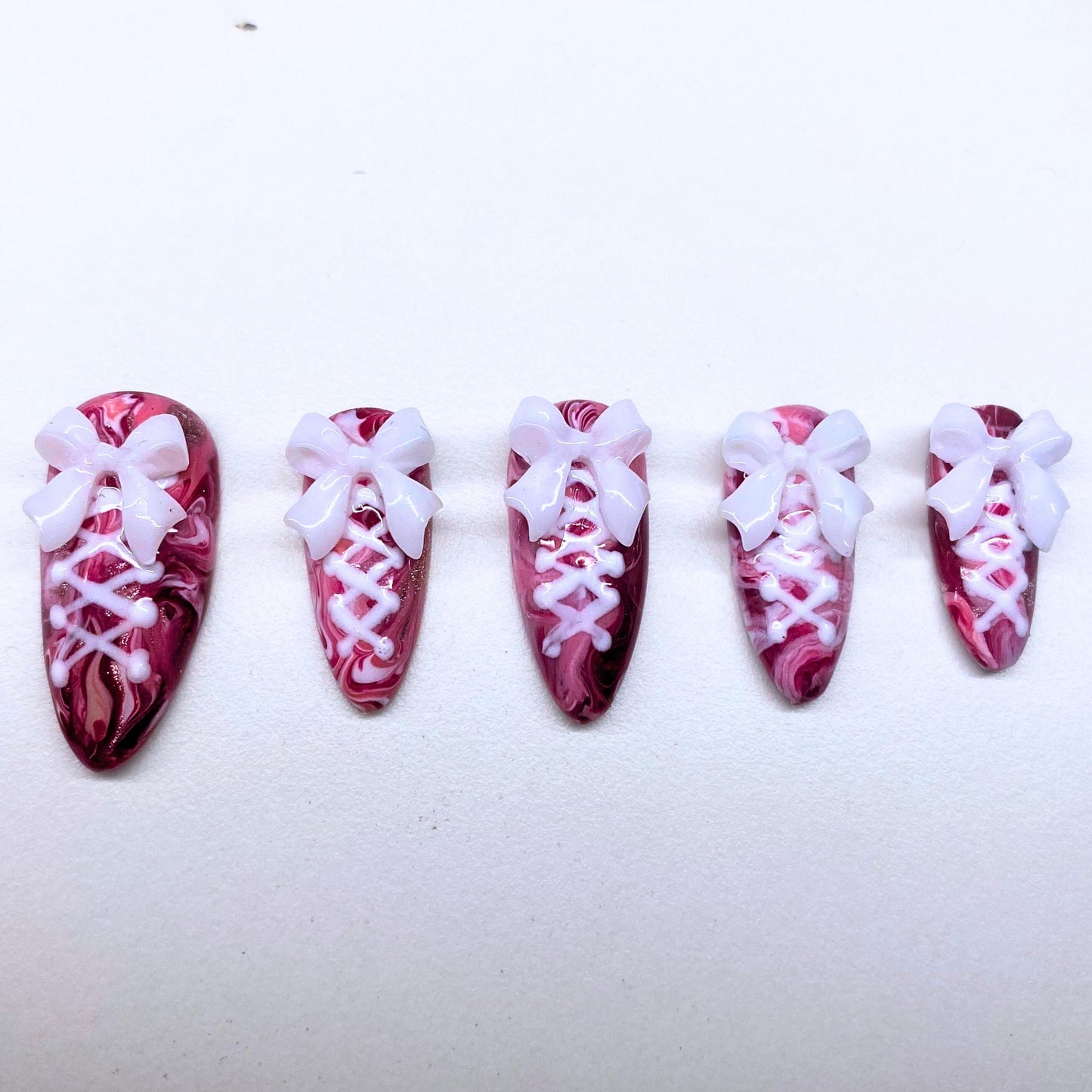 3D Strawberries & Cream Inspired Lace Up Coquette Balletcore Girly Pink Red White Kawaii Luxury Handpainted Press On Nails