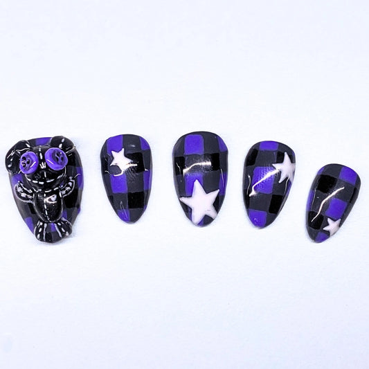 Short Almond 3D Creepy Stitched Voodoo Doll Y2K Purple Grunge Tartan Punk Rock Aesthetic Witchcraft Sorcery White Stars Handpainted Press On Nails
