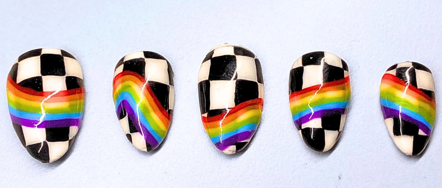Short Almond Y2K Rainbow Racing Checkered Retro Tumblr Colourful Vaporwave Psychedelic Scene Y2K Emo Skater Girl Handpainted Press On Nails