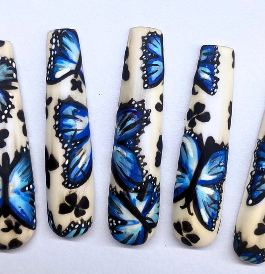S-XXL Blue Butterfly Trendy Fairycore Whimsical Elegant Soft Glam Unique Indie Aesthetic Ethereal Artsy Handpainted Press On Nails