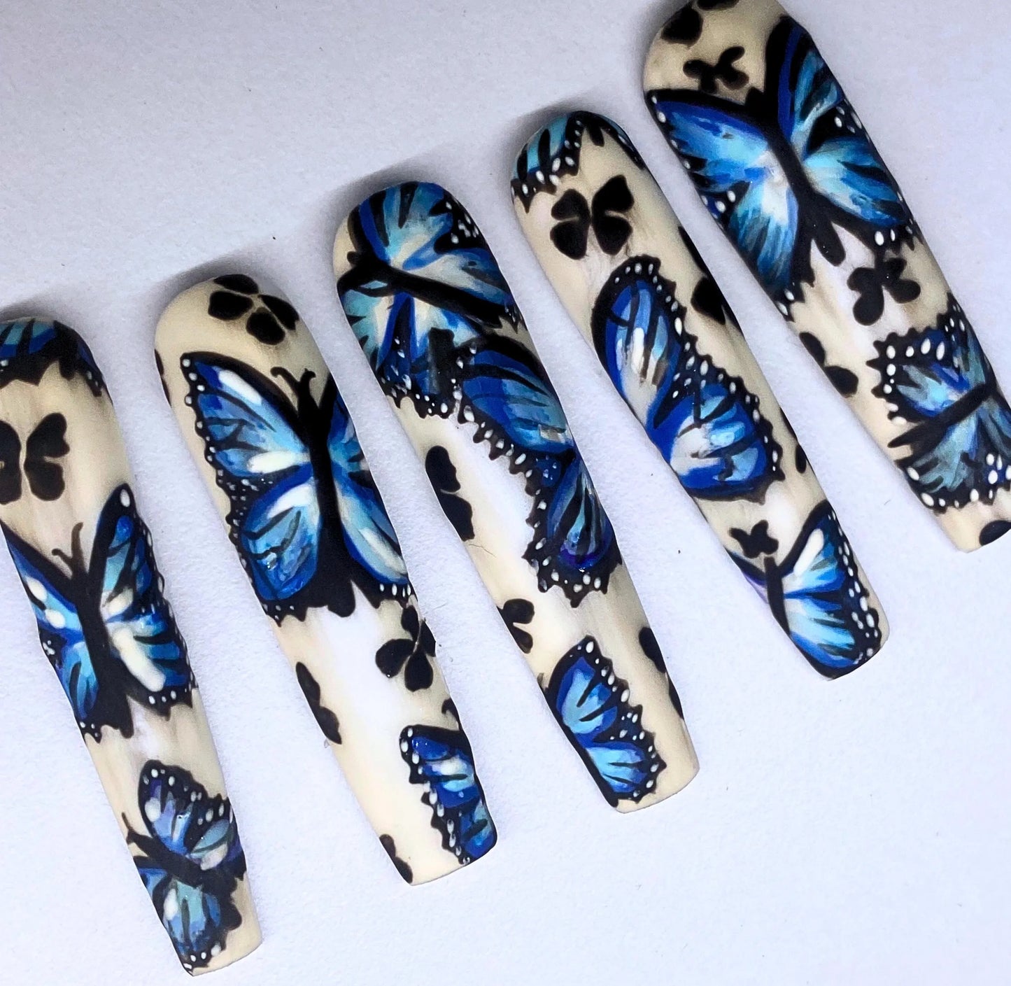 S-XXL Blue Butterfly Trendy Fairycore Whimsical Elegant Soft Glam Unique Indie Aesthetic Ethereal Artsy Handpainted Press On Nails
