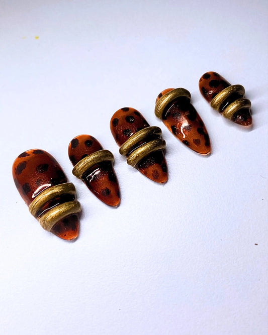 3D Dark Romance Classy Elegant Leopard Print Gold Band Vampy Luxe Glam Chic Bold Fall Themed Handpainted Press On Nails Set