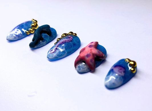 Short Almond 3D Ocean Themed Blue Coastal Deep Sea Life Beachy Water Aquatic Fish Nautical Tropical Aesthetic Handpainted Press On Nails