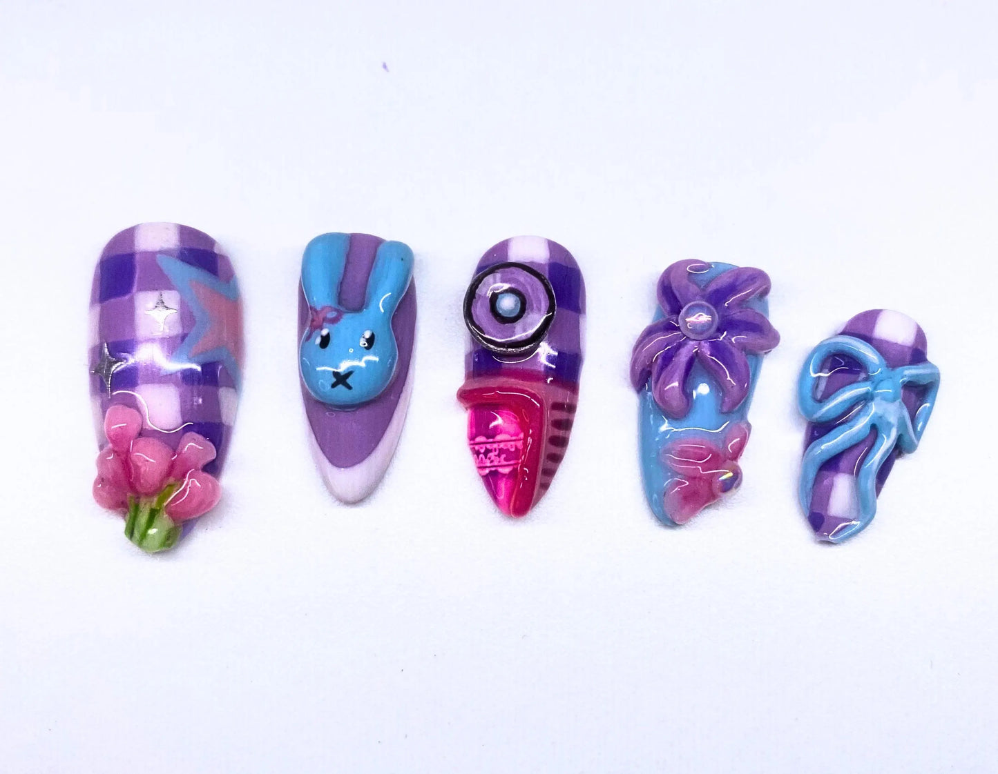 Medium Almond 3D Spring Themed Purple & Blue Cute Pastel Y2K Star Retro Picnic 90s Bunny Bouquet Tartan Luxury Handpainted Press On Nails