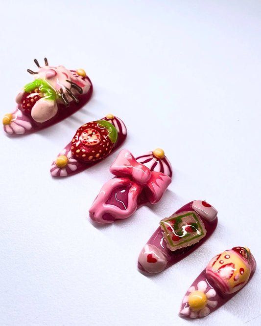 Medium Almond Custom 3D Cute Pink Kawaii Daisy Strawberry Japanese Inspired Comic Plushie Realistic Ribbon Handpainted Press On Nails Set