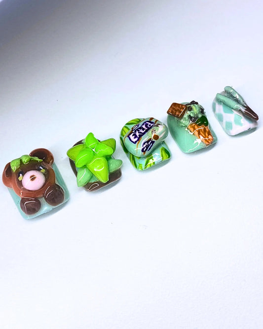 Short Square Custom 3D Cute Kawaii Succulent Fresh Mint Chocolate Chip Themed Moodboard Whimsical Spring Bear Handpainted Press On Nails Set